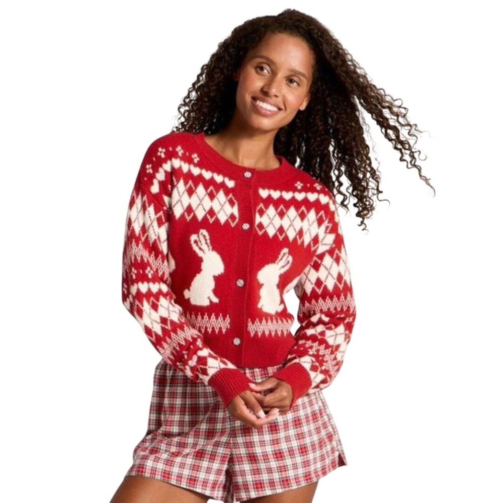 Wild Fable Women's Red Bunny Heart Argyle Rhinestone Button Cardigan Size XL